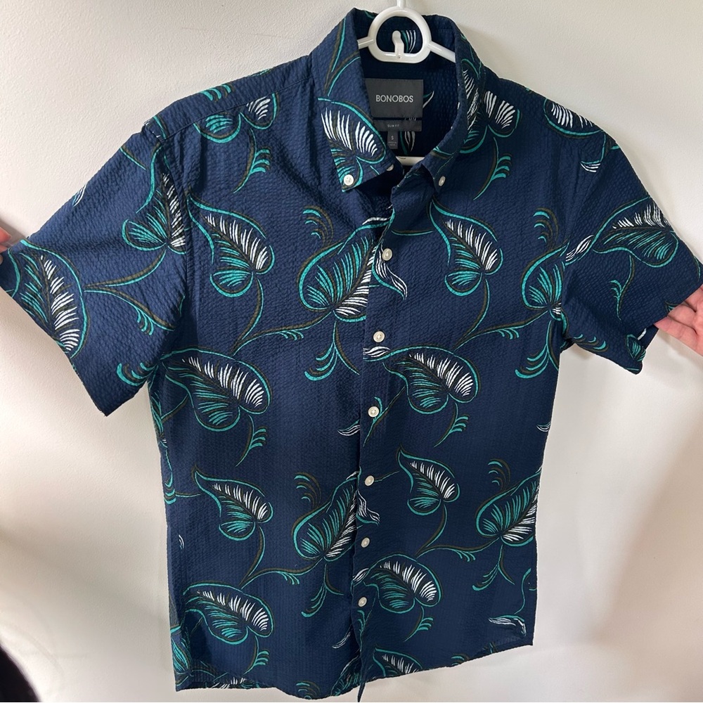 Bonobos Navy Short-Sleeve Button-Up with Teal and White Leaf Print